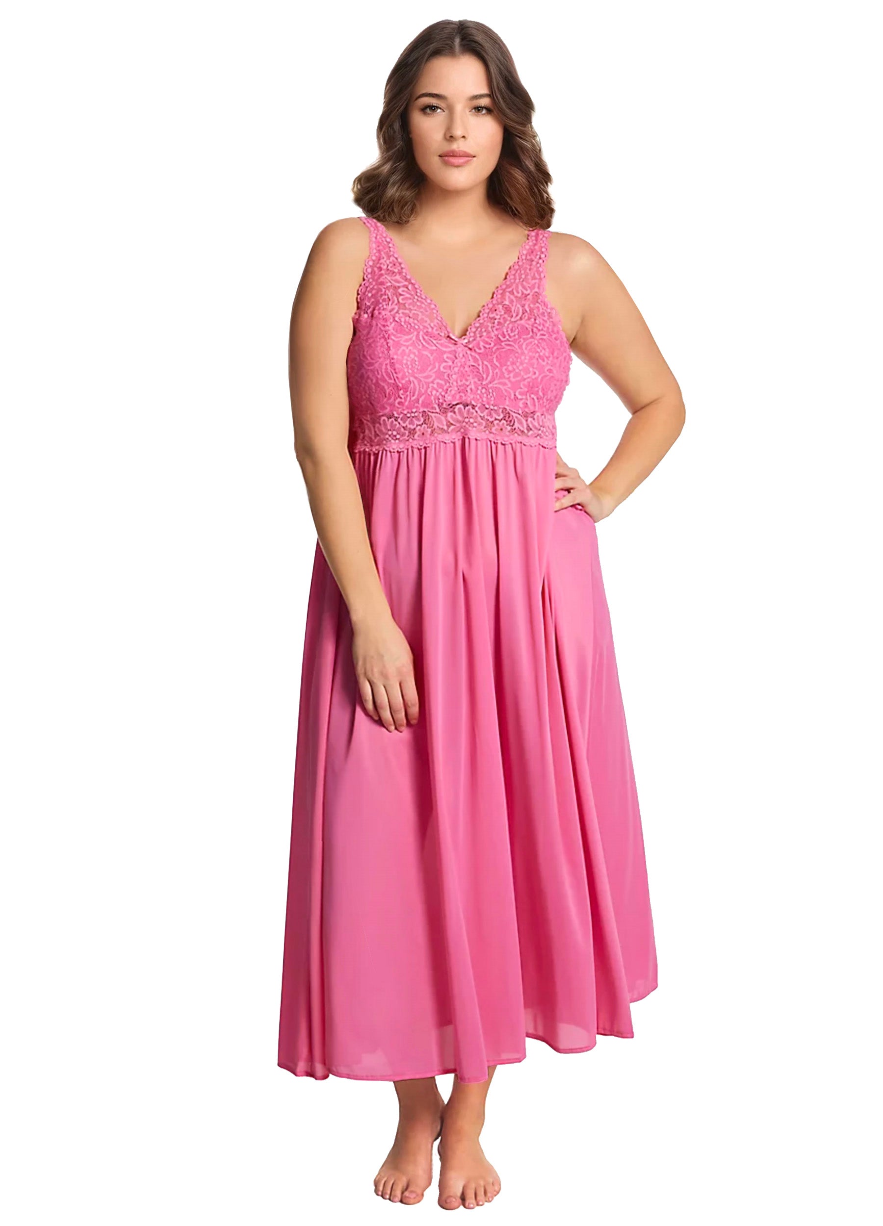 Nylon Tricot Sleeveless Long Nightgown with Floral Lace – Exquisite Form