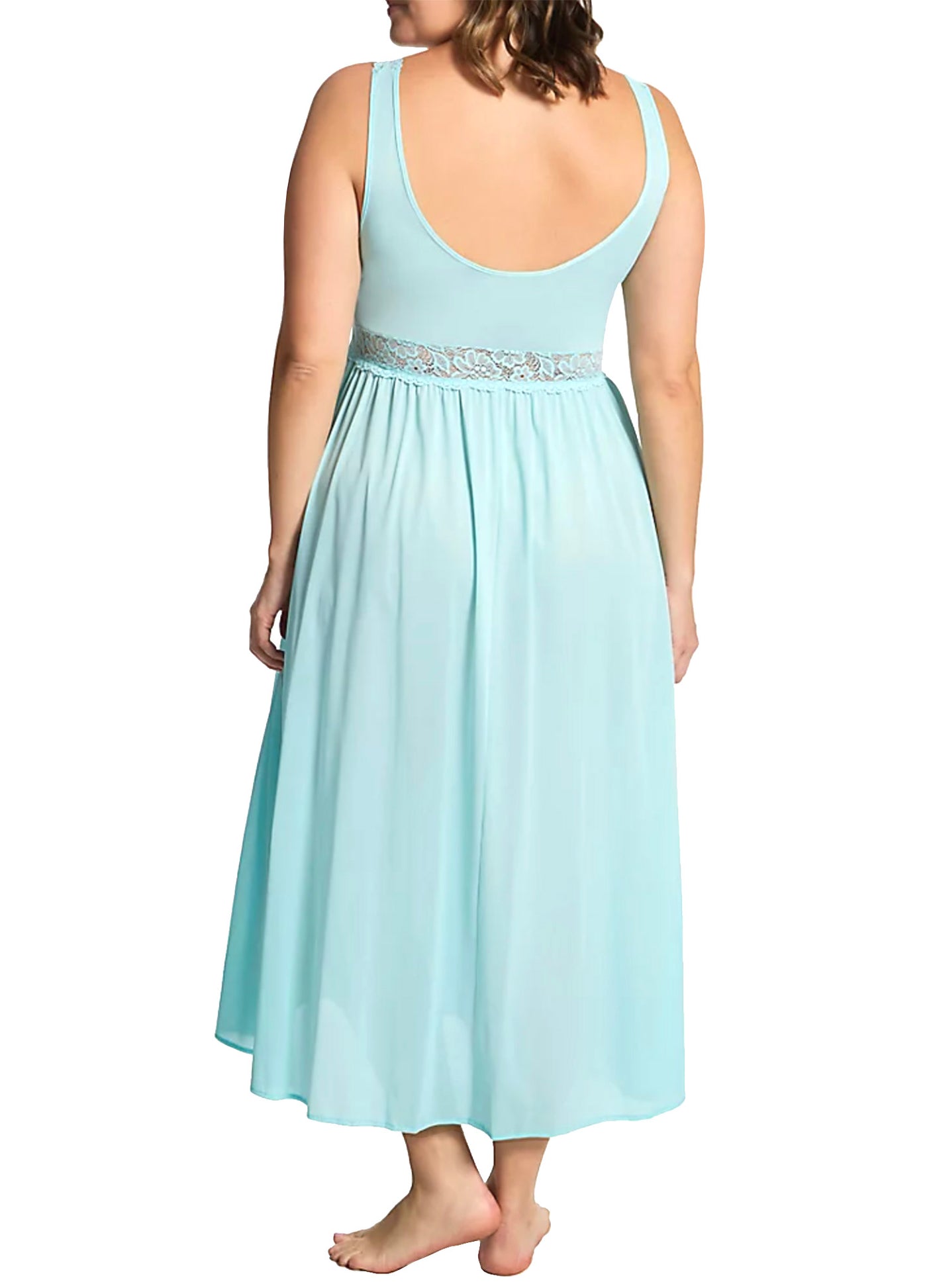 Exquisite Form 70107 Nylon Tricot Sleeveless Long Nightgown with Floral Lace, Women's, Size: Small, Blue