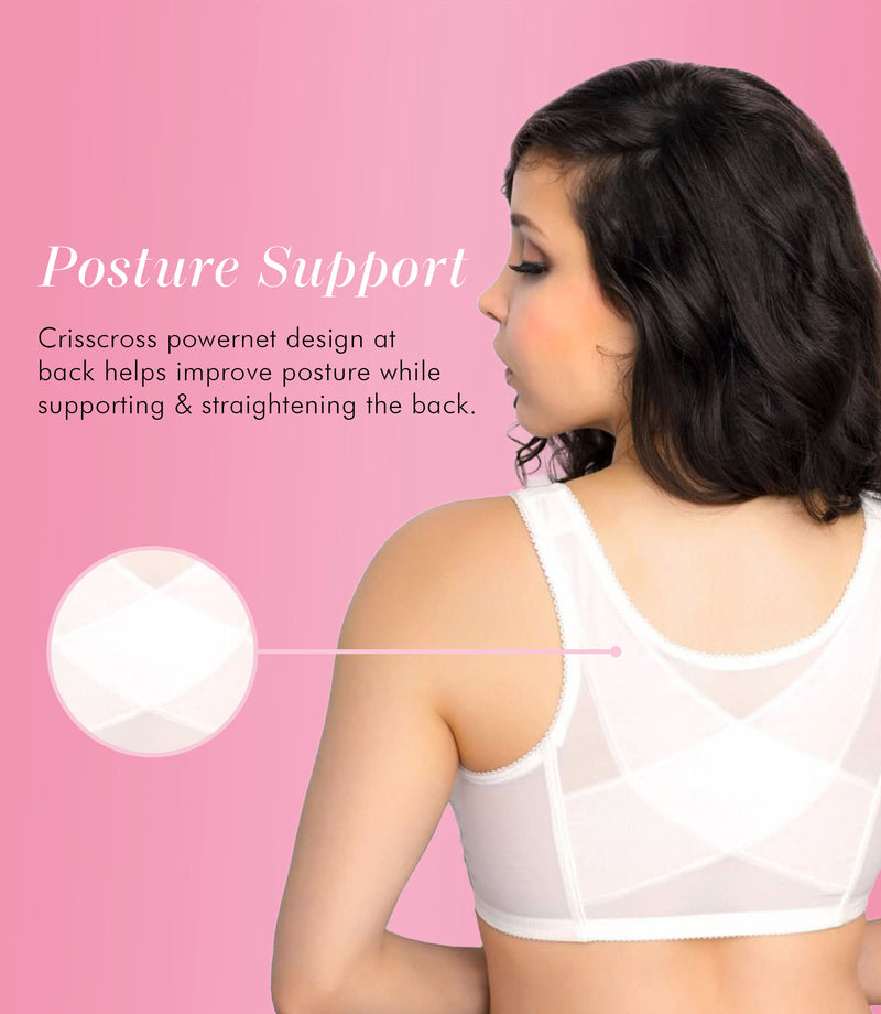 Womens Front Closure Posture Wireless Back Support Full Coverage Bra  Coconut White 48C
