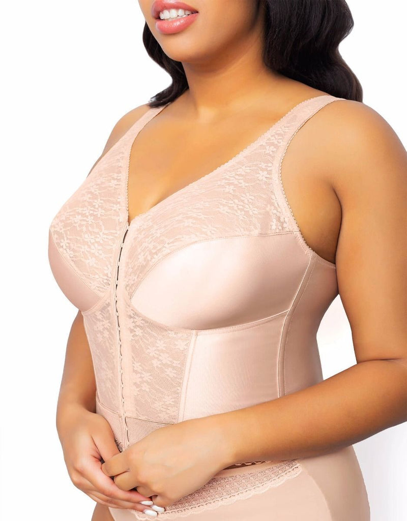 Exquisite Form Front Close Wireless Lace Posture Bra - Rose Beige